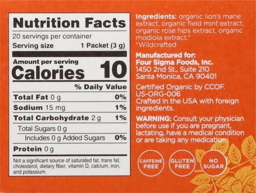 Four Sigmatic Lion's Mane Focus Elixir Mushroom Coffee Alternative | Organic Lion's Mane Mushroom Powder,Rhodiola & Rose Hips | Immune & Memory Support-| Paleo-|,20 Count (Pack of 2)