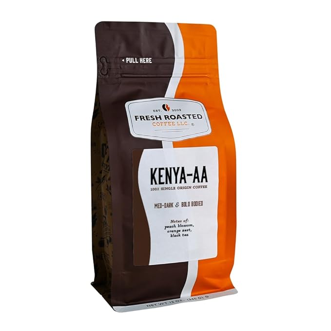 Fresh Roasted Coffee, Kenya AA, 12 oz, Med-Dark Roast, Kosher, Whole Bean