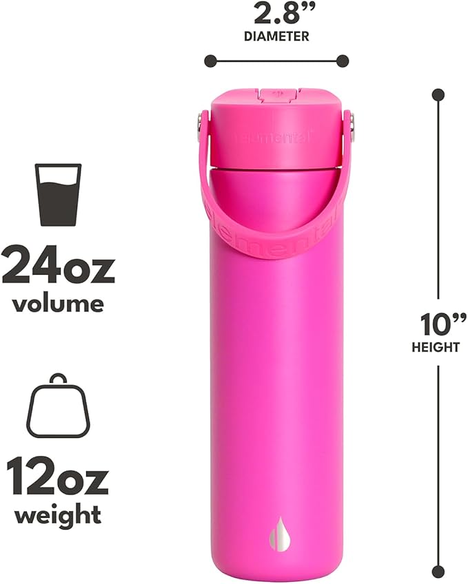 Elemental 24oz Insulated Water Bottle with Straw - 100% Leak-Proof Stainless Steel Core Water Bottles for Travel, Sports and Gym - Double Wall Insulation & BPA Free - Hot Pink