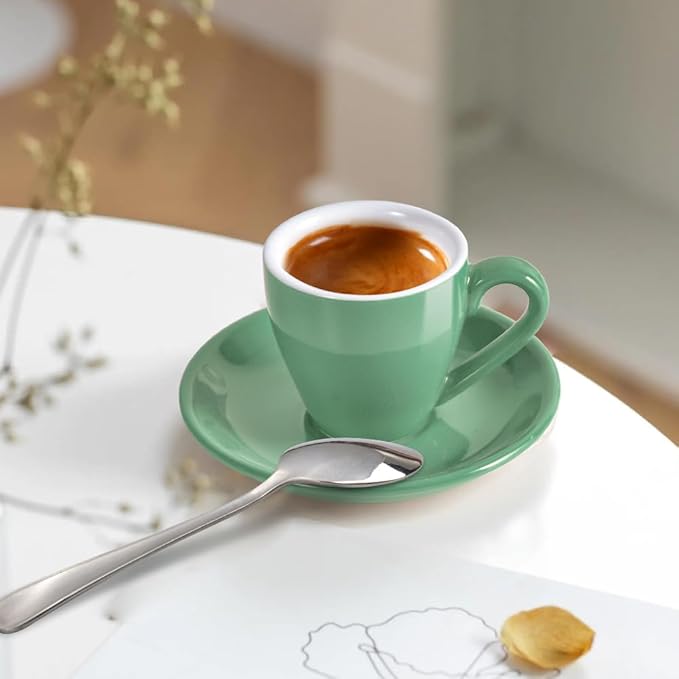 ionEgg Porcelain Espresso Cup with Saucer And Stainless Steel mini Spoons, Espresso shot Cup, 80ml/2.7Oz, Pack of 2, Cyan