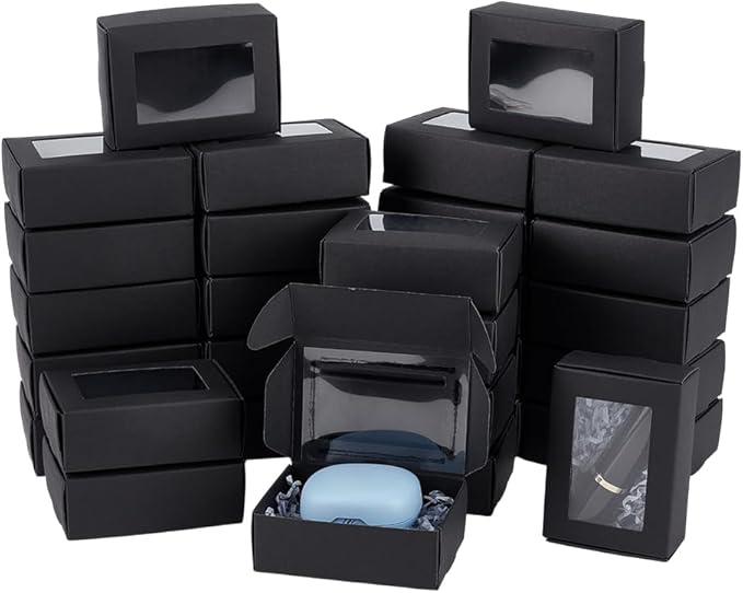 BENECREAT 30 Packs 3.4x2.4x1.1 Inches Rectangle Black Kraft Paper Boxes with Clear Windows for Party Favor Treats, Bakery, Jewelry, Christmas, Festival Gift Packaging