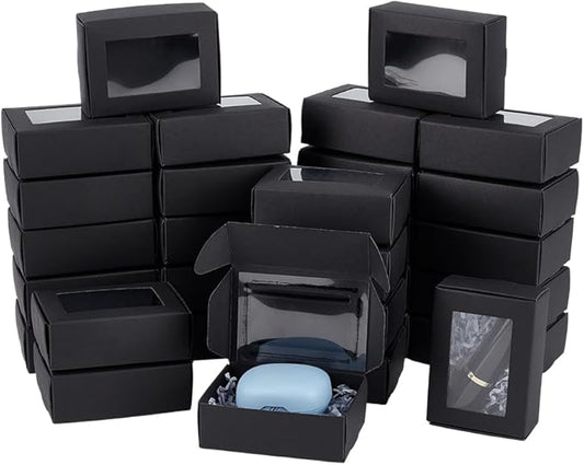 BENECREAT 30 Packs 3.4x2.4x1.1 Inches Rectangle Black Kraft Paper Boxes with Clear Windows for Party Favor Treats, Bakery, Jewelry, Christmas, Festival Gift Packaging