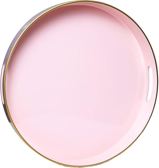 Spsyrine Round Pink Decorative Tray, 13" Plastic Serving Table Tray with Handles for Breakfast, Ottoman, Coffee Table, Bathroom, Kitchen, Living Room
