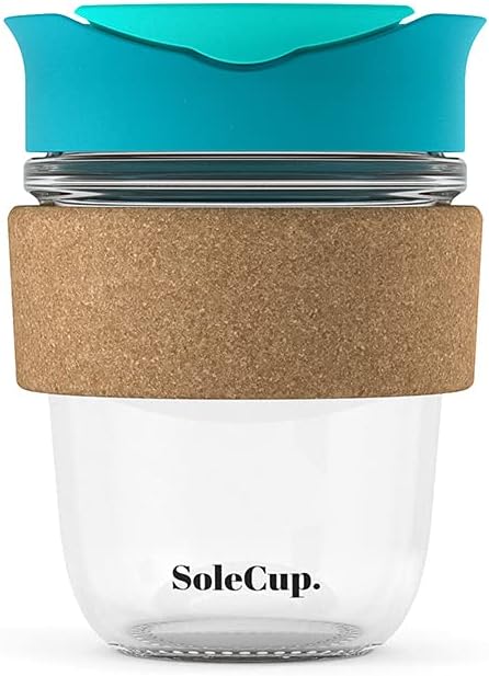 Reusable Strengthened Glass Travel Cup - Spill Proof Insulated Coffee Mug - 12oz/340ml BPA-Free Hot Drink Travel Mug with Lid & Cork Band (Blue, 12oz)