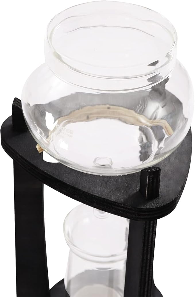 Iced Coffee Cold Brew Drip Tower Coffee Maker, Wooden Ice Coffee Machine, Stainless Steel and Borosilicate Glass, Long Neck Sharing Pot, with Measuring Spoon (Grey)