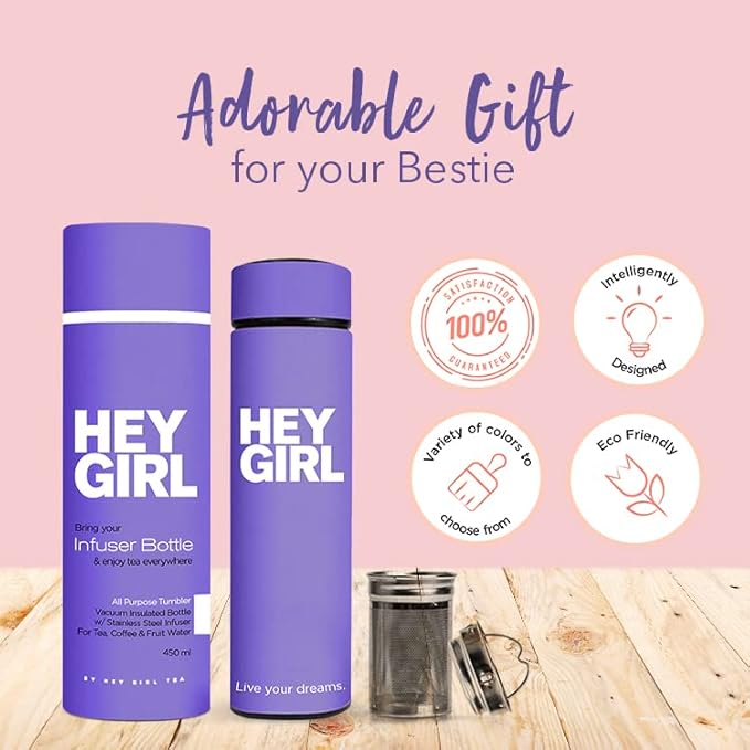 Hey Girl Tea Infuser Bottle 450ml - Insulated Stainless Steel Water Bottle - Tea Tumbler with Tea Diffuser - Portable Travel Mug for Loose Leaf Tea & Infused Water - Tea Lovers Gifts for Women