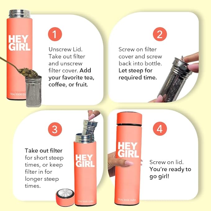 Hey Girl Tea Infuser Bottle 450ml - Insulated Stainless Steel Water Bottle - Tea Tumbler with Tea Diffuser - Portable Travel Mug for Loose Leaf Tea & Infused Water - Tea Lovers Gifts for Women