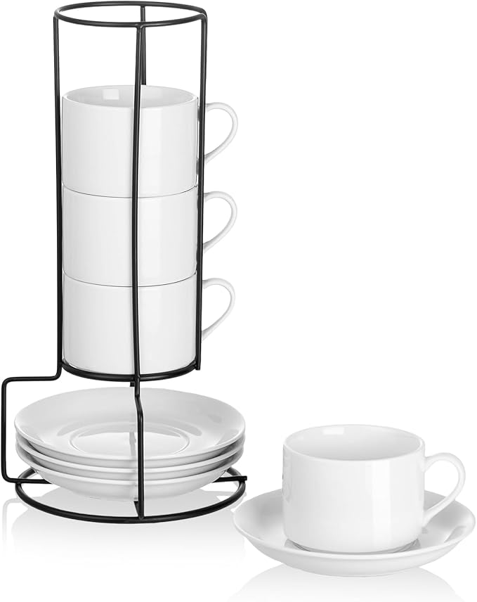 Meichu 8oz Porcelain Stackable Cappuccino Cups with Saucers and Metal Stand Set of 4, Cappuccino Cups Set of 4, White Coffee Cups for Espresso, Specialty Coffee Drinks, Latte, Americano and Tea