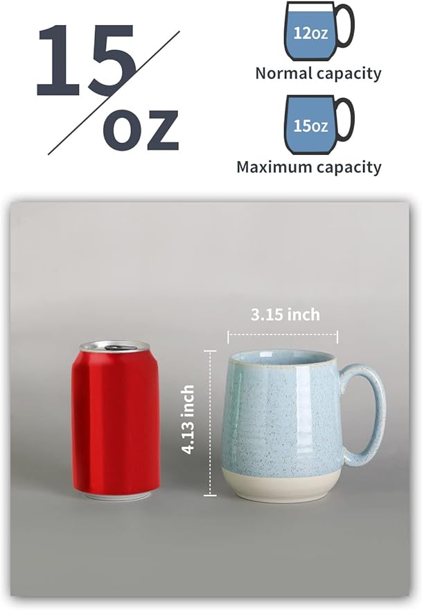 HASENSE 15 Ounce Porcelain Coffee Mugs Set of 4 with Large Handle Perfect for Coffee, Tea, Milk, Chocolate and Latte, Unqiue Glaze Ceramic Coffee Cups Set for Man and Woman, Sky Blue