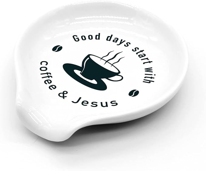 Funny Coffee Quote Ceramic Coffee Spoon Holder-Coffee Spoon Rest -Coffee Station Decor Coffee Bar Accessories-Coffee Lovers Gift for Women and Men (Good Days Start With Coffee and Jesus)