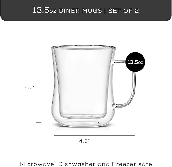 JoyJolt Double Wall Glass Coffee Mugs - 13.5oz Diner Mug Set of 2. Insulated, Clear Glasses That Don't Sweat, Perfect for Cappuccino, Latte, BV174