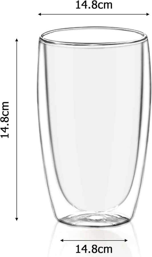 Double Wall Glass Coffee Mugs Set of 2, 15oz/440ml Insulated Glass Mugs for Hot Beverages, Large Clear Coffee Cups for Espresso, Tea, Latte, Cappuccino