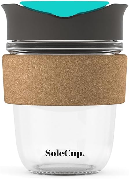 Reusable Strengthened Glass Travel Cup - Spill Proof Insulated Coffee Mug - 12oz/340ml BPA-Free Hot Drink Travel Mug with Lid & Cork Band (Gray and Blue, 12oz)