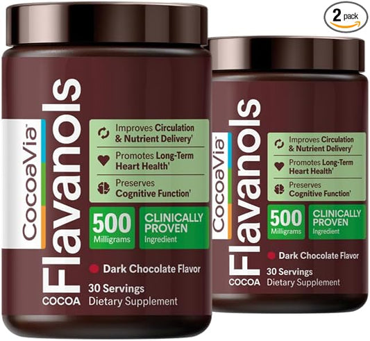 CocoaVia Cardio Health Cocoa Powder, 60 Servings, 500mg Cocoa Flavanols, Support Heart Health, Boost Nitric Oxide, Improve Circulation, Energy, Preworkout, Vegan, Dark Chocolate Cacao