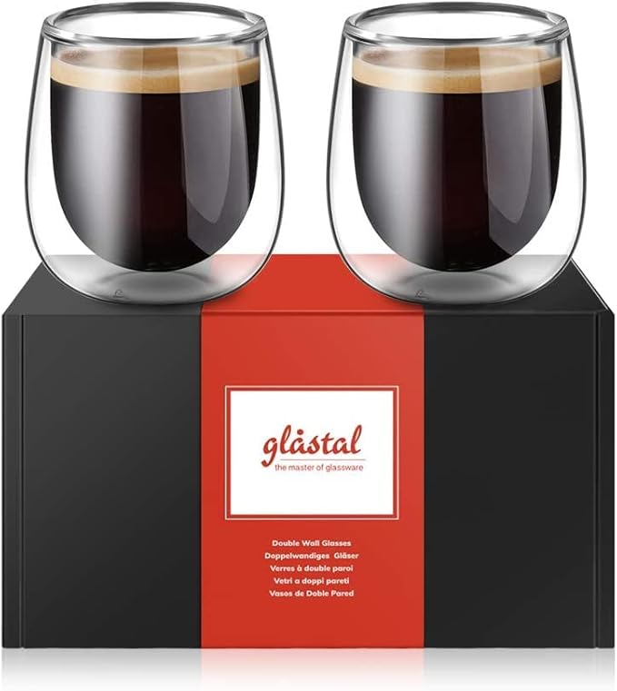 glastal Espresso Cups 4 oz Double Walled Glasses Coffee Mugs Set of 2, Clear Glass Coffee Cups Insulated Espresso Mug 120 ml (full capacity) Borosilicate Double Wall Glass Cup, German Quality