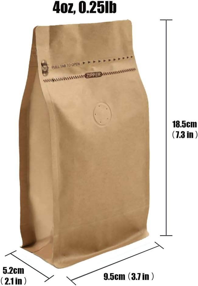 50 Pieces 4 Ounce Kraft Paper Stand Up Coffee Bag/Flat Bottom Pouch with Air Release Valve and Reusable Side Zipper. (50pcs, ¼lb/4oz/100gram)