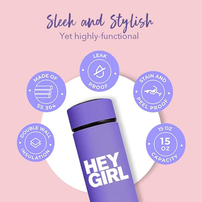 Hey Girl Tea Infuser Bottle 450ml - Insulated Stainless Steel Water Bottle - Tea Tumbler with Tea Diffuser - Portable Travel Mug for Loose Leaf Tea & Infused Water - Tea Lovers Gifts for Women