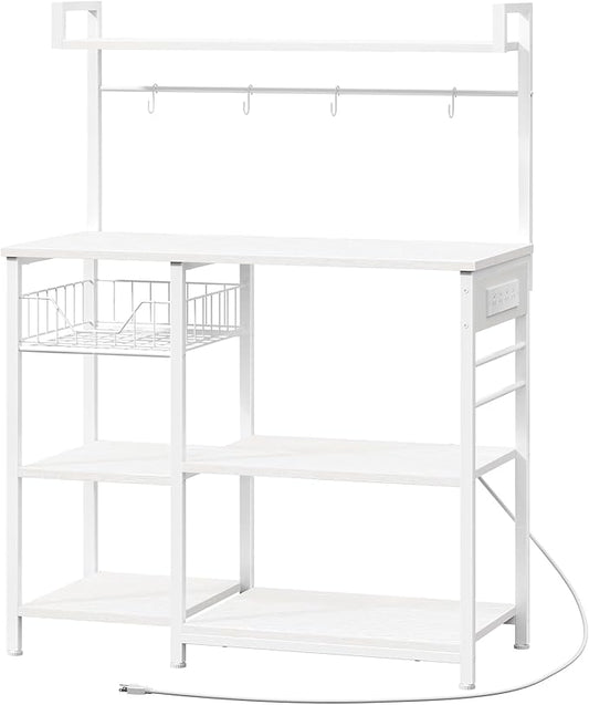 HOOBRO Bakers Rack with Power Outlet, 35.4 Inches Coffee Bar with Mesh Basket, Microwave Stand with 4 S-Shaped Hooks, Kitchen Bakers Rack with Storage, Easy to Assemble, White WT05HB01