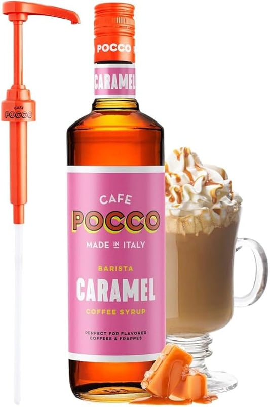 Cafe Pocco Premium Caramel Coffee Syrup with Pump - Gluten Free and Vegan Syrup, Ideal for Lattes, Cappuccinos, Espresso, Americano - Glass Bottle 750ml (Pack of 1)
