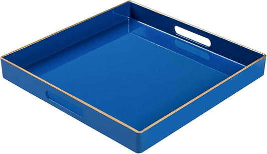 MAONAME Decorative Tray, Royal Blue Serving Tray with Handles, Coffee Table Trays, Square Plastic Trays for Ottoman, Bathroom, Kitchen, 13" x 13" x 1.57"