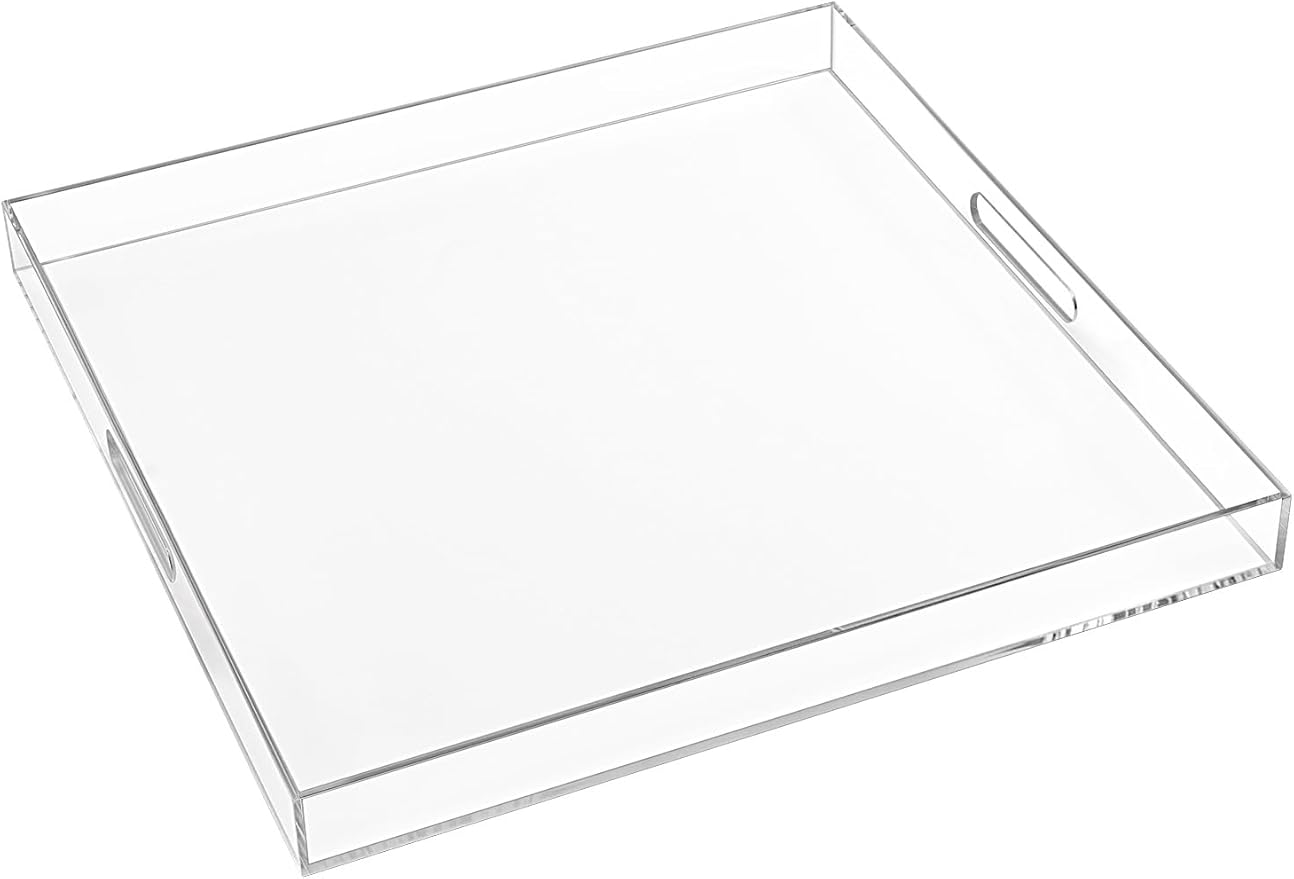 22×22 Inches Oversize Extra Large Sturdy Clear Acrylic Serving Tray King Size Decorative Big Ottoman Trays with Cut Out Handles Water Proof Bed Tray Coffee Counter Top Organizer