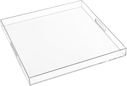 22×22 Inches Oversize Extra Large Sturdy Clear Acrylic Serving Tray King Size Decorative Big Ottoman Trays with Cut Out Handles Water Proof Bed Tray Coffee Counter Top Organizer