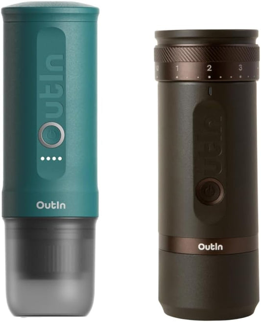 OutIn Nano Portable Electric Espresso Machine with Fino Portable Electric Coffee Grinder, Brown & Green