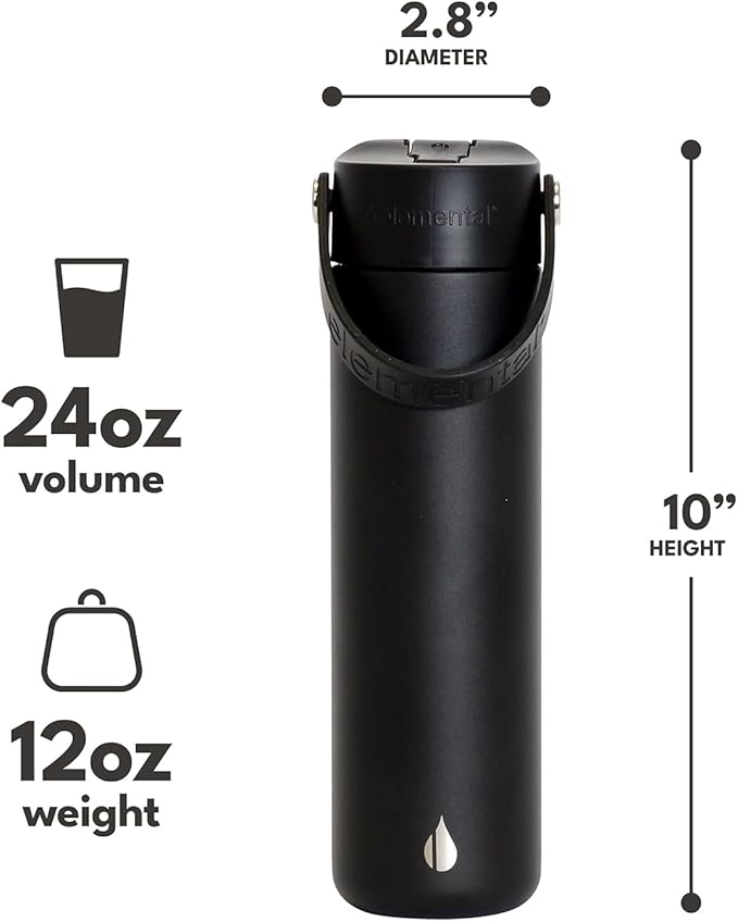 Elemental 24oz Insulated Water Bottle with Straw - 100% Leak-Proof Stainless Steel Core Water Bottles for Travel, Sports and Gym - Double Wall Insulation & BPA Free - Black