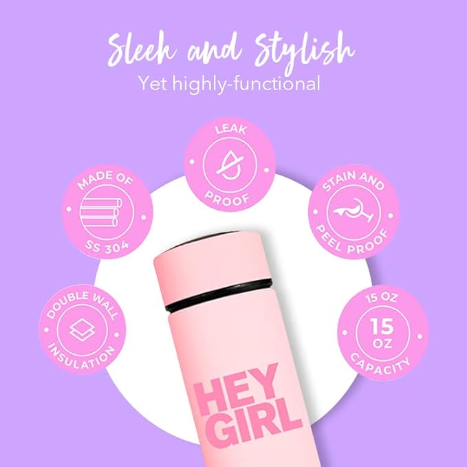 Hey Girl Tea Infuser Bottle 450ml - Insulated Stainless Steel Water Bottle - Tea Tumbler with Tea Diffuser - Portable Travel Mug for Loose Leaf Tea & Infused Water - Tea Lovers Gifts for Women