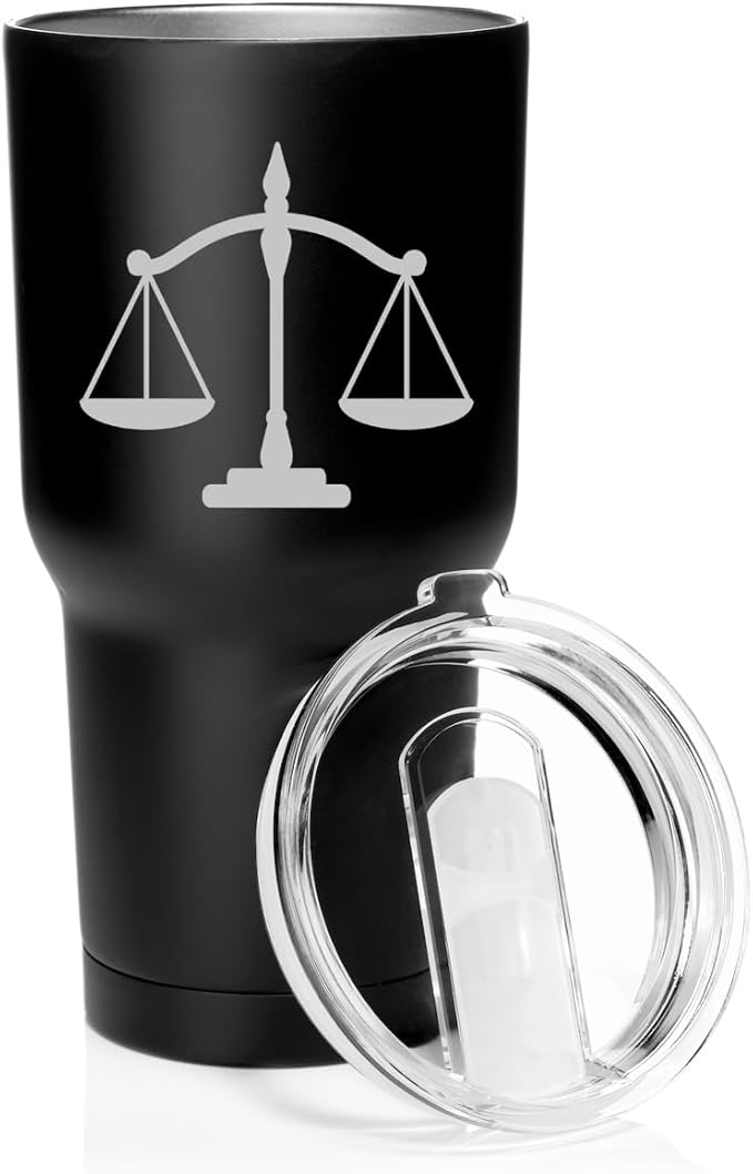 Smooth Body Tumbler Stainless Steel Vacuum Insulated Travel Mug Cup Gift Scales of Justice Lawyer Paralegal Judge (Black, 30 oz)