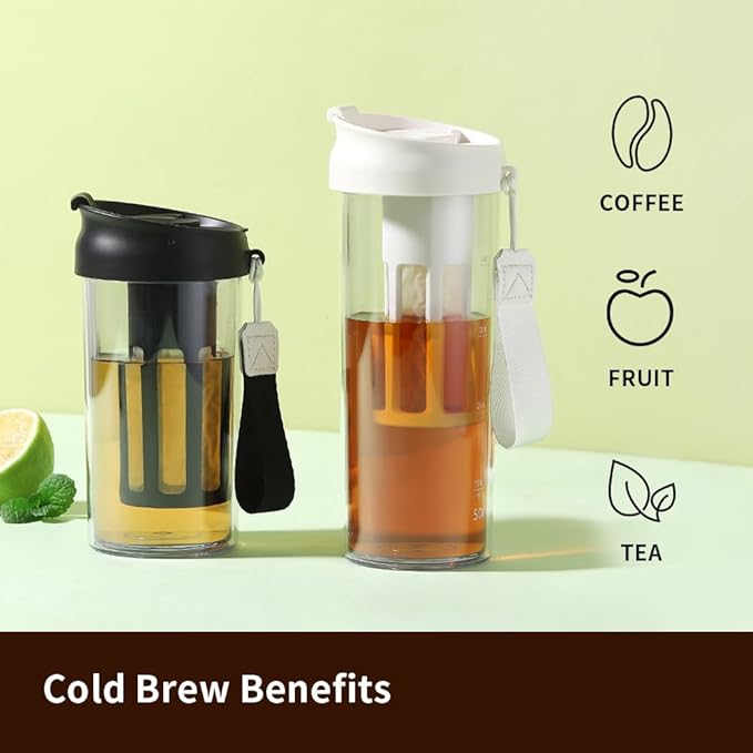 watchget Cold Brew Coffee Maker Travel Tumbler with Soft Silicone Handle Portable Iced Coffee & Tea Infuser with Airtight Lid Cold Brew Travel Cup 17oz/500ml black