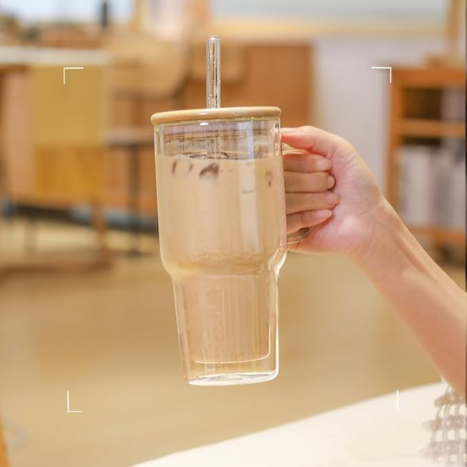 Double Wall Glass Tumbler with Handle and Straw Lid, 20oz Insulated Travel Mug Cup for Hot and Cold Drinks, Clear Glass Drinking Tumbler Cupholder Friendly