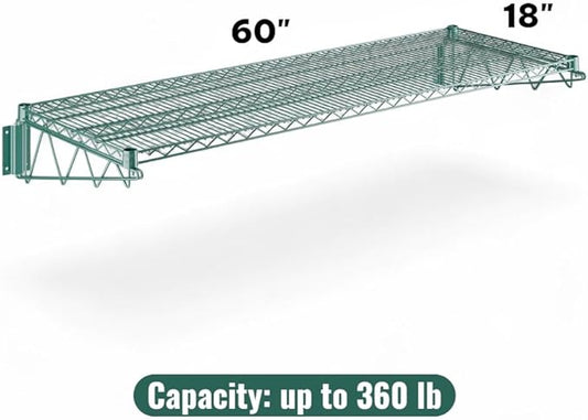 18" x 60" Green Wall-Mounted Wire Shelf with Epoxy Coating, Heavy-Duty Steel Storage Rack, NSF Certified, Easy Installation, Open Wire Design for Kitchen, Garage, or Utility Storage