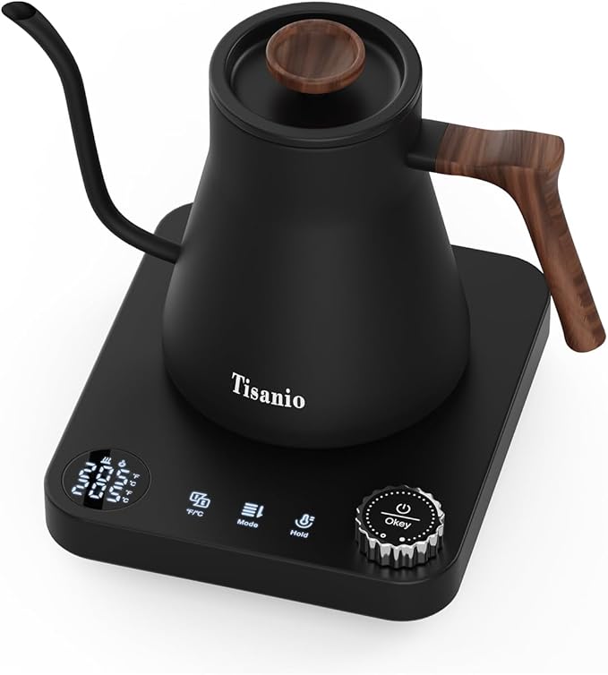 Gooseneck Electric Kettle with ±1°F Precise Temperature Control, Smart Two-Stage Heating, 304 Stainless Steel Interior, Fast Boil & 2-Hour Keep Warm, Pour Over Coffee & Tea, 0.9L,Wood Black