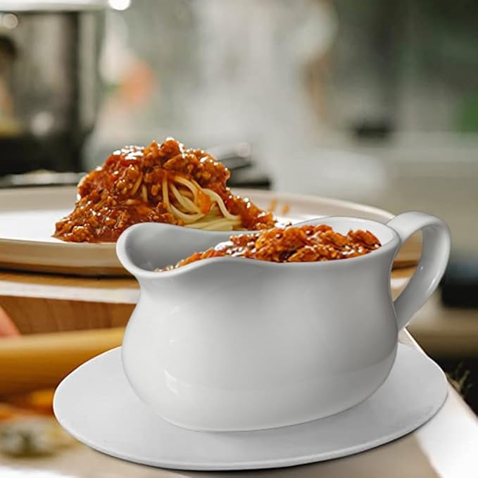 Large 17 Oz Gravy Boat and Tray White Fine Porcelain Saucier With Big Dripless Lip Spout For Gravy, Warming Sauces, Salad Dressings, Milk | Microwave & Freeze