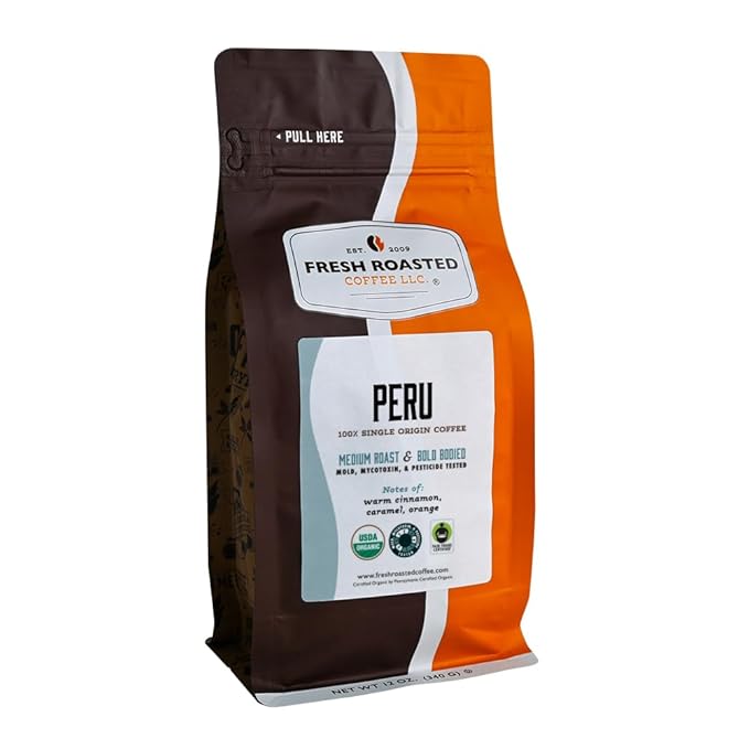 Fresh Roasted Coffee, USDA Organic Peru | 3rd Party Tested for Pesticides, Mold, Mycotoxins, Kosher | 100% Arabica, Specialty Grade, Med Roast 12 oz Whole Bean