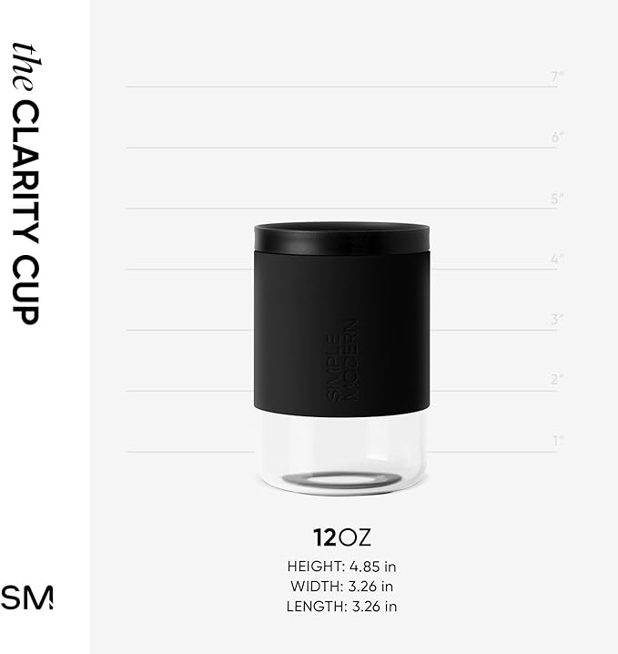 Simple Modern Clarity Cup | Glass Coffee Tumbler with 360° Lid and Silicone Sleeve | Iced Cold Brew and Tea Travel Mug | 12oz, Midnight Black