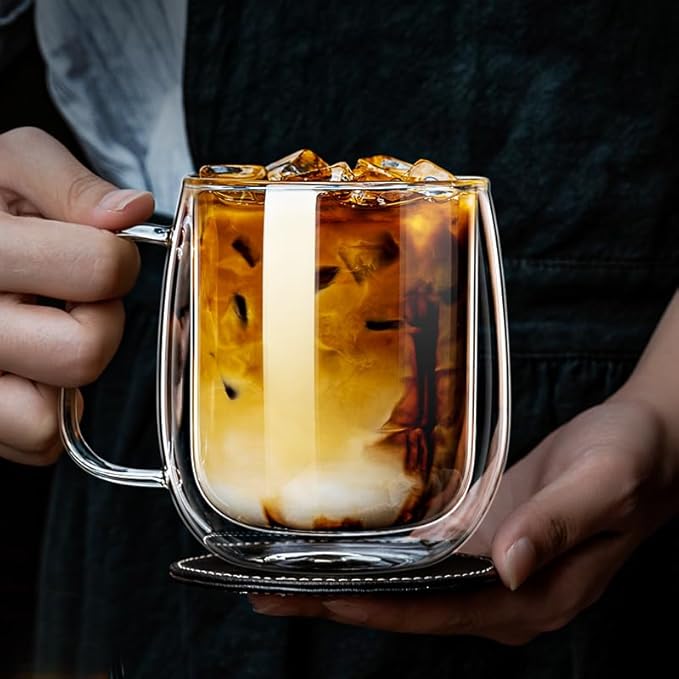 12oz Double Espresso Cups Set of 2 - with Handle, Double Walled Glass Insulated Cup, High Temperature Resistant, Non-Fracturing and Scald Resistant Glass, Transparent