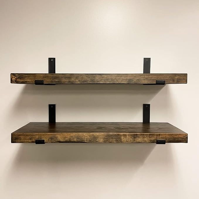 Rustic Shelves with J-Brackets Set of 2, Industrial Shelf, Kitchen Shelves, Solid Wood, Decorative Wall Storage, Heavy Duty, URBANDI (Dark Brown, 48Wx8D)