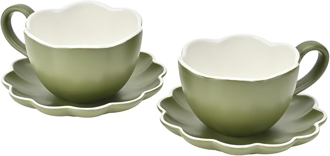 MyBudsBuzz Ceramic Espresso Cups with Saucers 6 oz,Coffe Cups for Cappuccino,Latte,Tea with Saucers Set of 2 - Flower - Vintage Green