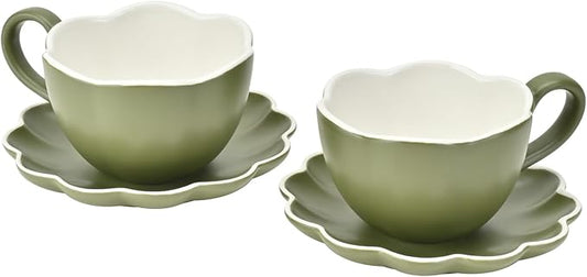 MyBudsBuzz Ceramic Espresso Cups with Saucers 6 oz,Coffe Cups for Cappuccino,Latte,Tea with Saucers Set of 2 - Flower - Vintage Green