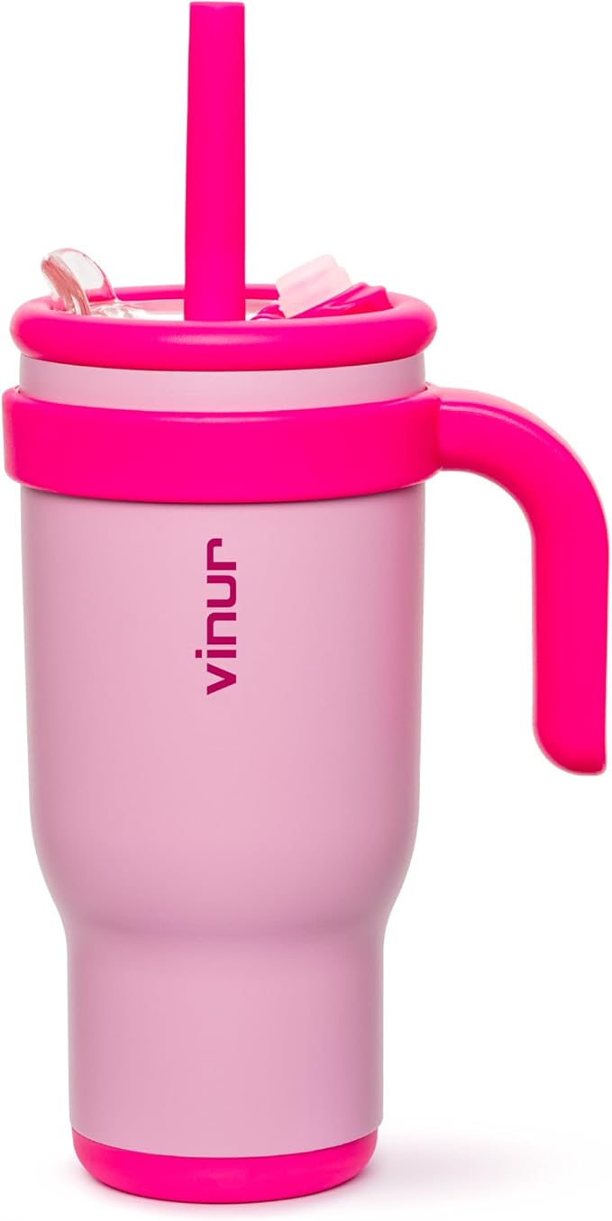 VINUR Kids Insulated Tumbler with Handle-Spill Proof & Leak Resistant-18/8 Stainless Steel Vacuum Water Cup with Straw Lid and Silicone Base-Cup Holder Friendly, 17 oz-Purple Pink