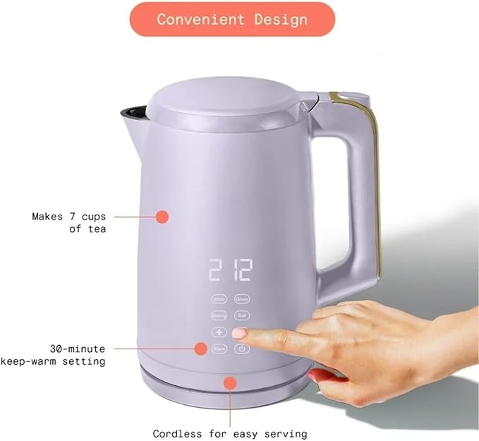 Electric Gooseneck Kettle 1 Liter 1200W, Stainless Steel, Pour Over Coffee Tea, Auto Shut-Off, 360° Cordless Power Base (Lavender 1.7L)