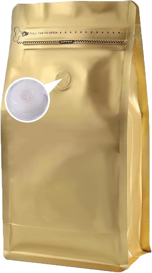 Coffee Bags with Valve(12 oz,3/4 lb,50pcs) Gold High Barrier Aluminum Foil Flat Bottom Heat Sealed Coffee Beans Packaging Bags Side Zipper Resealable for Home or Business