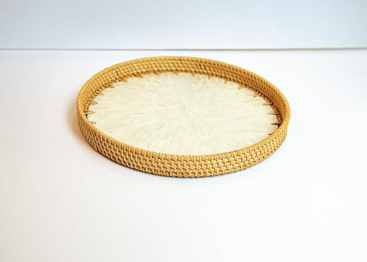Magenta & Teal Round Rattan Serving Tray with Mother of Pearl Inlay, Wicker Coffee Table Decor, Farmhouse Style (Silver White)