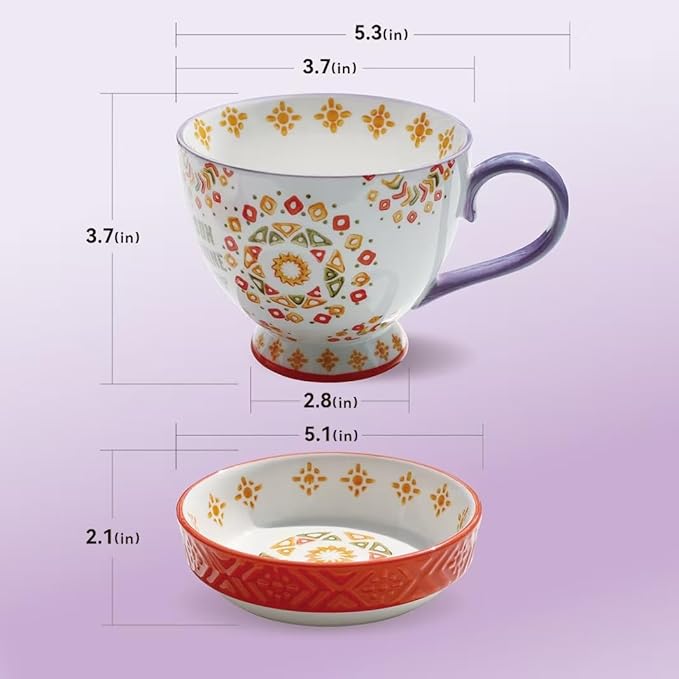 Coffee Mug Set With 2 Coffee Cups 2 Saucers, Underglaze Hand-Painted Vintage Creativetea 15 OZ large Tea Cup For Breakfast oatmeal milk And Cereal Cups