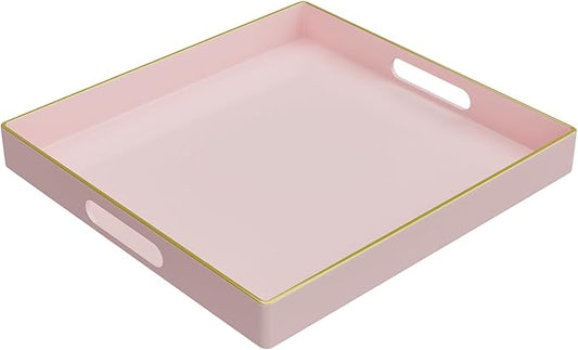 MAONAME Decorative Tray, Pink Serving Tray with Handles, Coffee Table Trays, Square Plastic Trays for Ottoman, Bathroom, Kitchen, 13" x 13" x 1.57"
