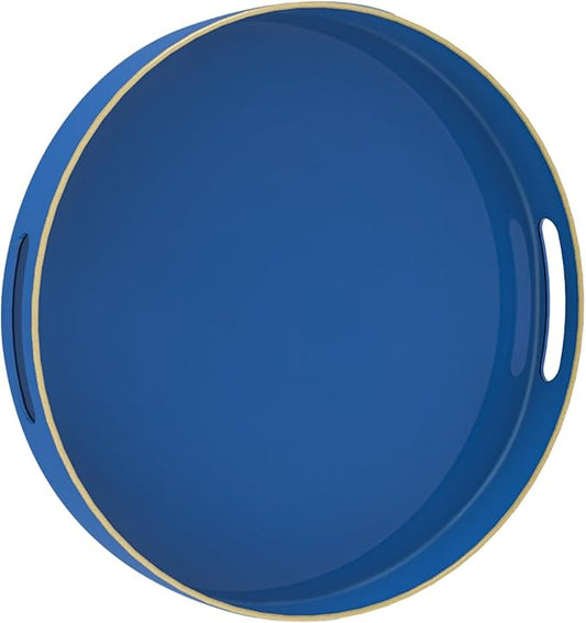 MAONAME 13" Blue Round Tray, Navy Serving Tray with Handles, Modern Decorative Trays for Coffee Table, Plastic Trays for Ottoman, Bathroom, Decor