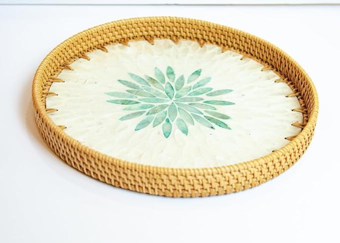 Magenta & Teal Round Rattan Serving Tray with Mother of Pearl Inlay, Wicker Coffee Table Decor, Farmhouse Style (Silver Green Flower)