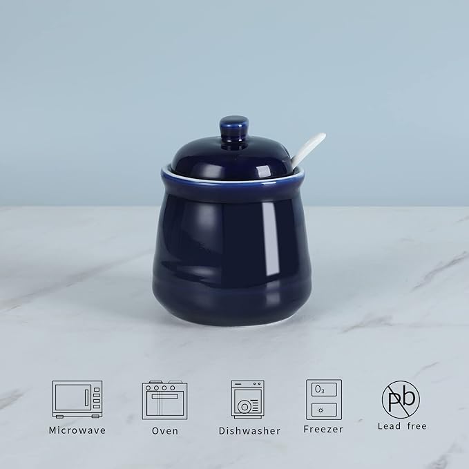 HAOTOP Porcelain Salt Bowl with Lid and Spoon,Ceramic Sugar Bowl 12oz (Navy)